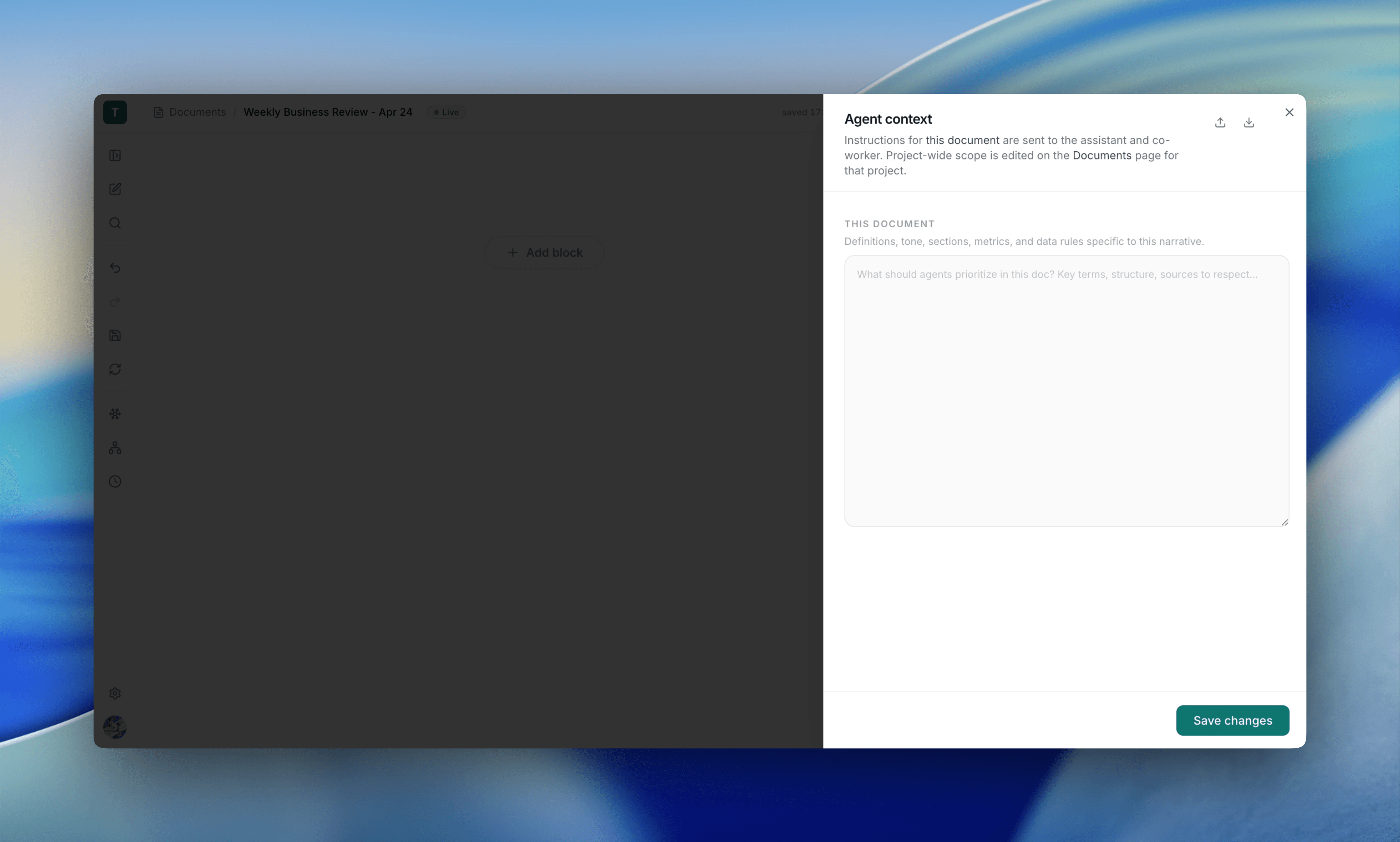 Agent context drawer with per-document instructions.