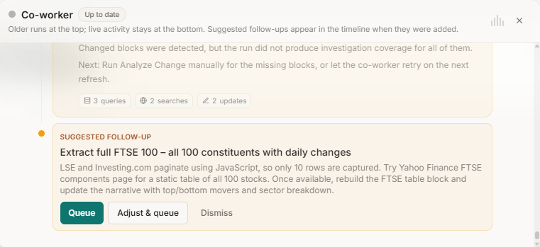 Follow-up tasks the co-worker proposed on its own. Queue, adjust, or dismiss each.