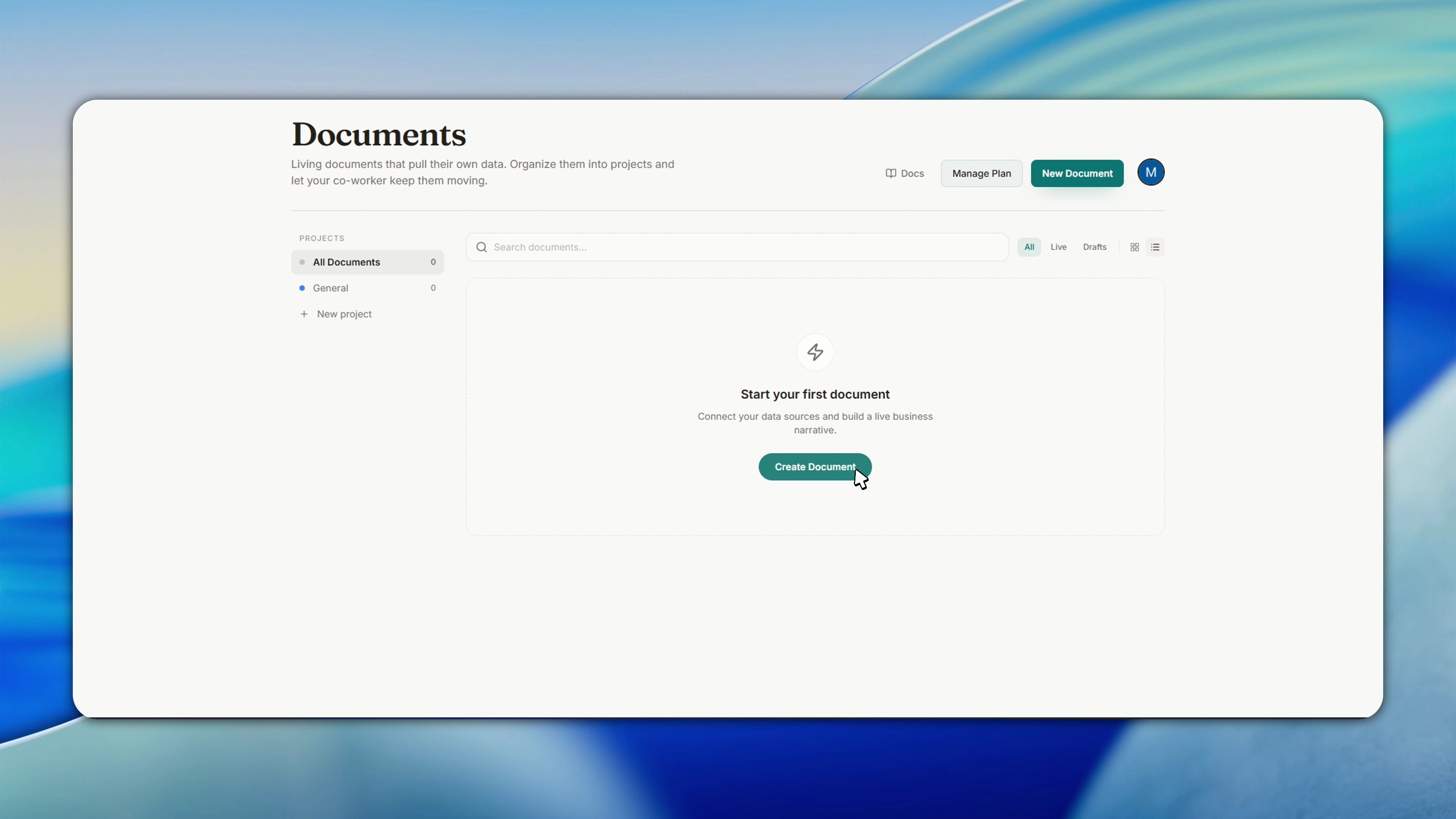 Documents page with project tabs and New Document button.