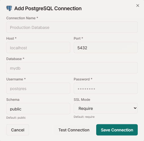 PostgreSQL connection dialog.