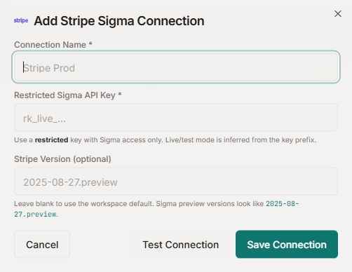 Stripe Sigma — paste a restricted key; async queries stream results.