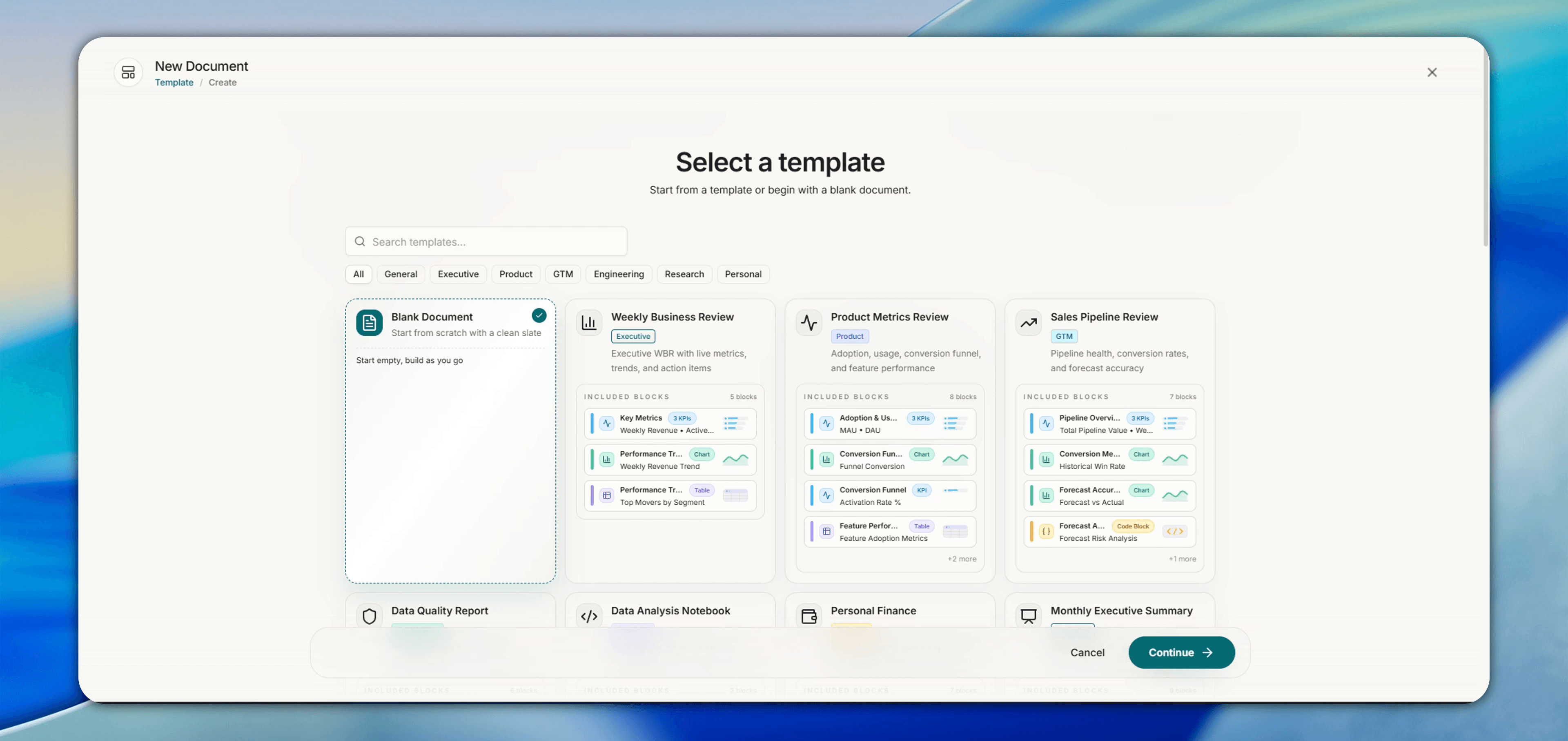 Template picker with category filters.
