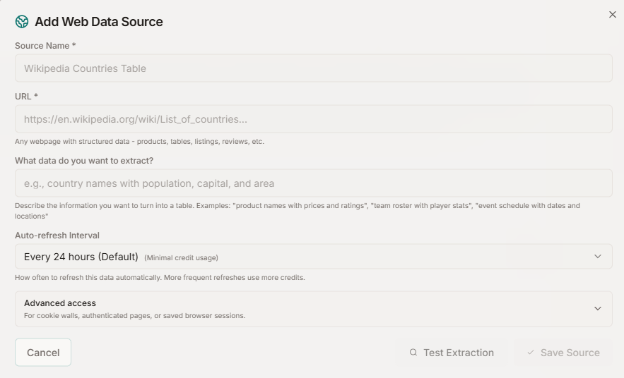 Any-website extractor with URL + natural-language extraction prompt.